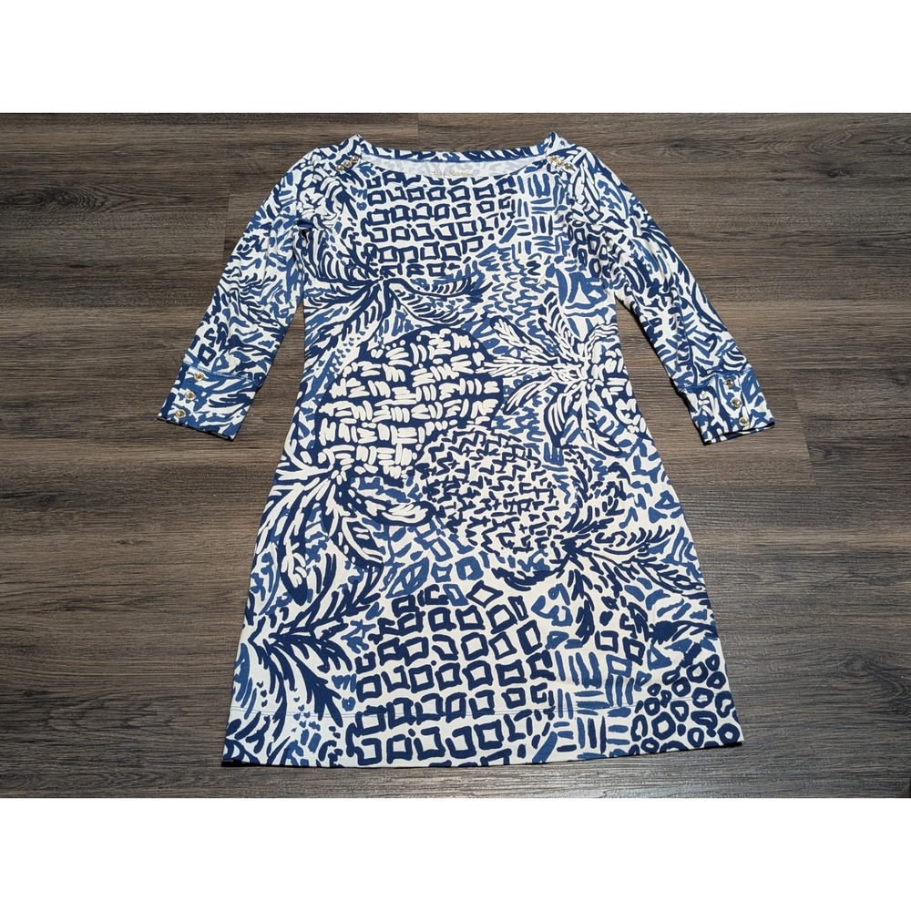 Lilly Pulitzer‎ Sophie Dress Blue White Pineapple Party Boat Neck 3/4 Sleeve XS